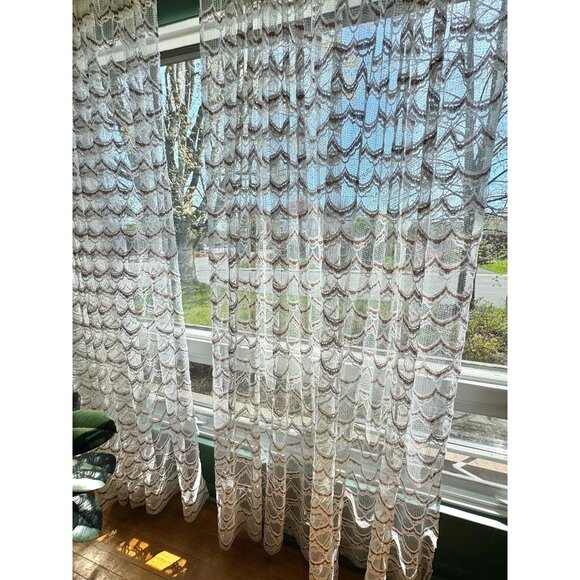 Vintage 70s net curtain, white & brown wavy mesh, boho, open weave, per panel - Picture 1 of 9